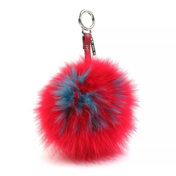 Auth FENDI Charm Red/Blue Fur/Leather/Silvertone - Picture 1 of 11